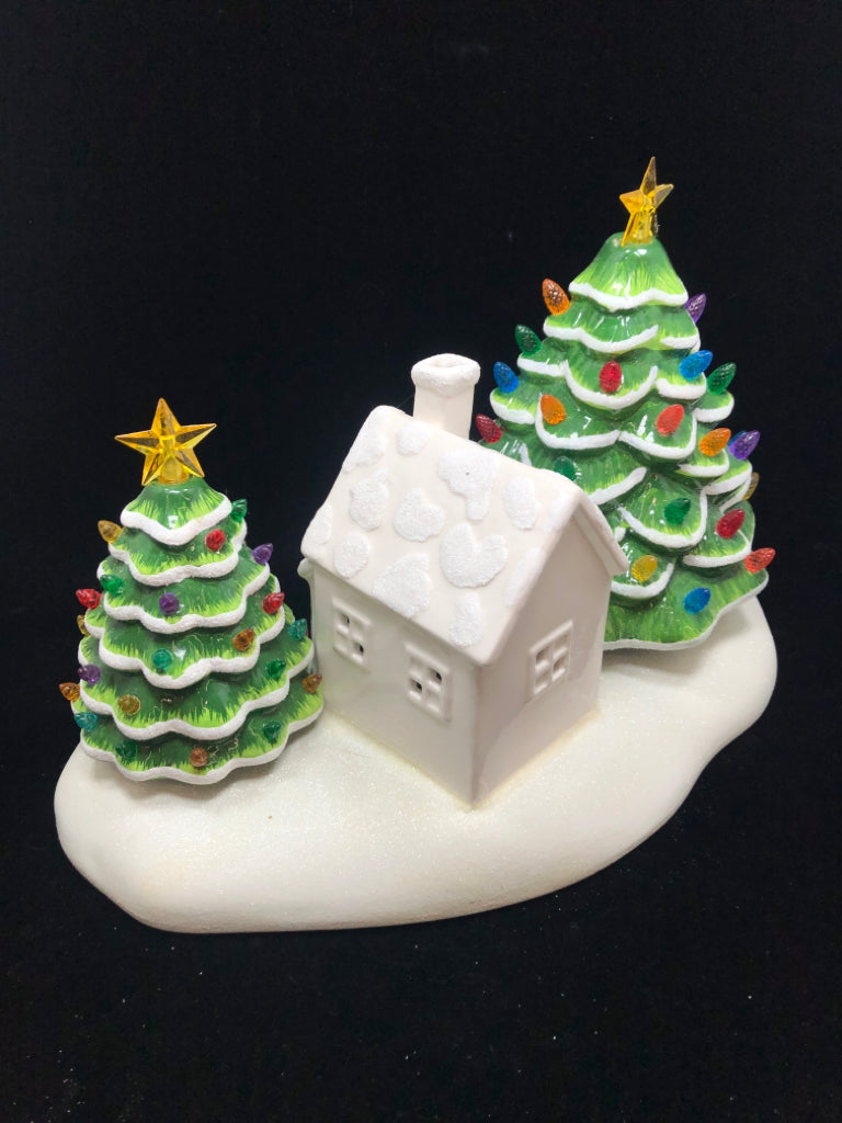 LIGHT UP XMAS TREES AND GLITTERY SNOWY COTTAGE.