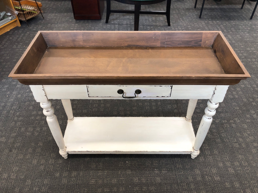 RUSTIC WOOD-TOP CREAM CONSOLE TABLE.