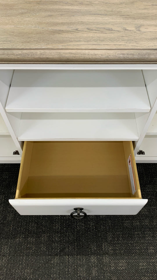 WHITE TV/ MEDIA CONSOLE W/GREY WOOD TOP, 2 DOORS DRAWER.