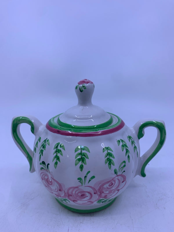 WHITE HAND PAINTED PINK FLORAL SUGAR BOWL W LID.