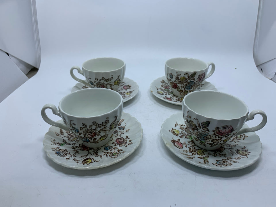 VTG 8PC SVC 4 STAFFORDSHIRE BOUQUET TEA CUPS/SAUCERS.