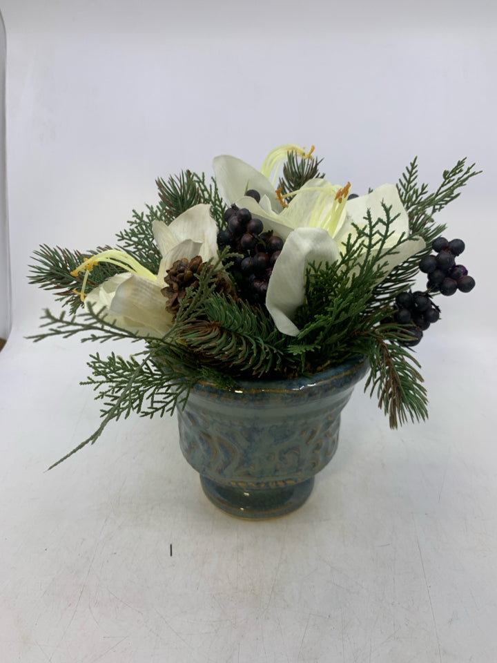WHITE FLOWER WINTER BUNCH IN BLUE PLANTER.