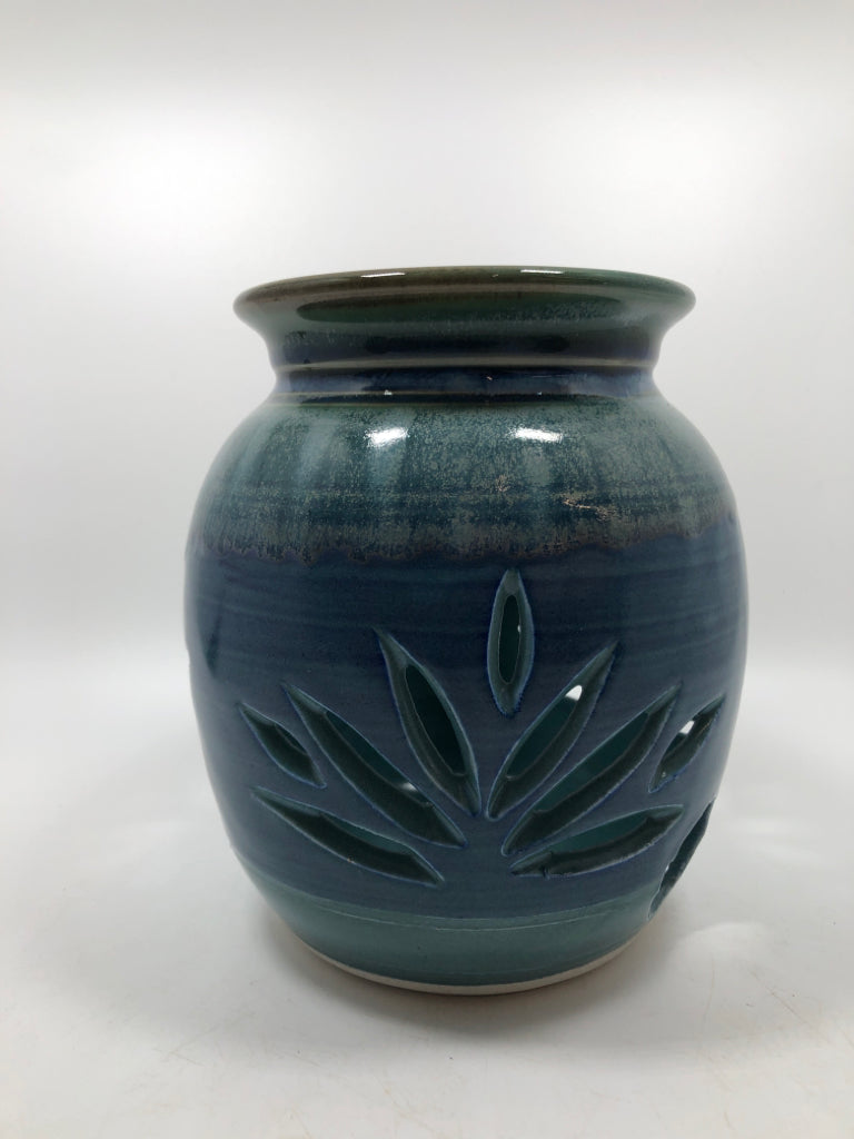GRASS CUT-OUT BLUE GLAZED CANDLE HOLDER.