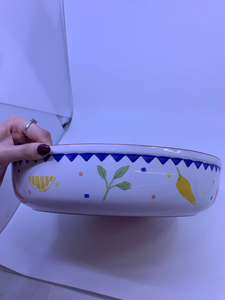TERRA COTTA SERVING BOWL W/ PEPPERS+AVOCADO DETAIL.