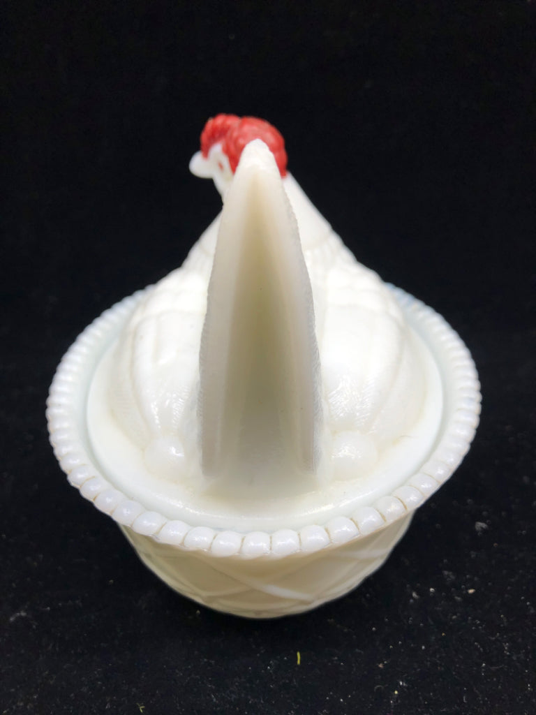 VTG MILK GLASS HEN IN BASKET.
