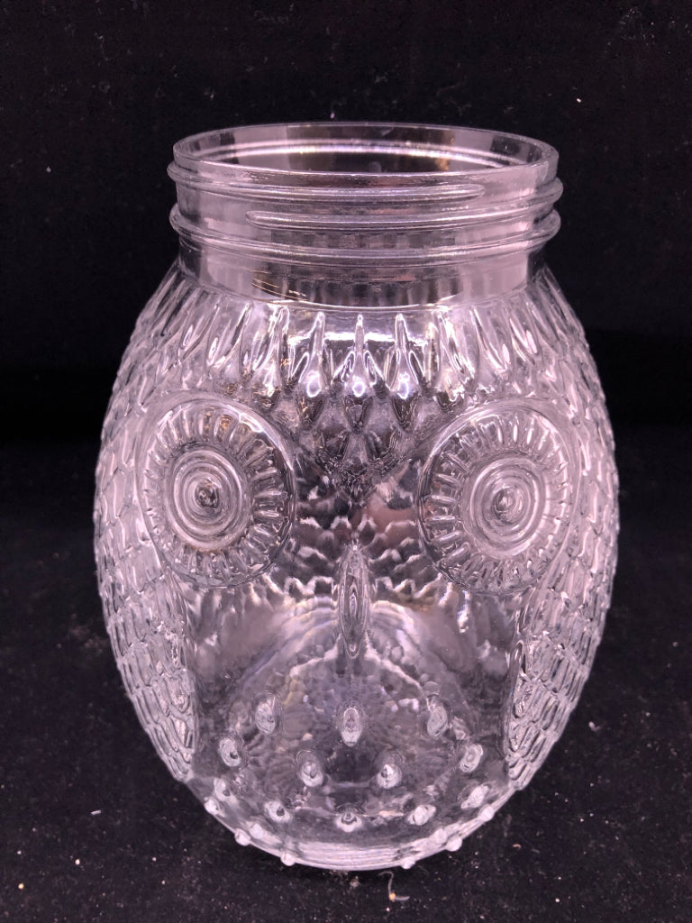 CLEAR GLASS OWL CANISTER W BLACK LID.