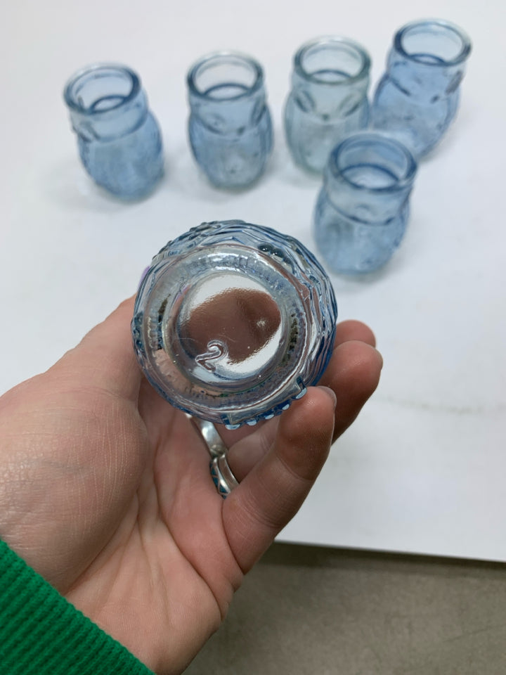6 BLUE EMBOSSED OWL SHOT GLASSES.