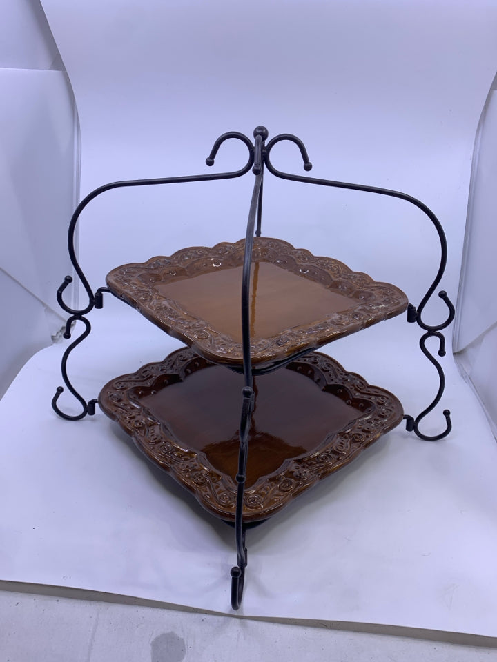 2 TIER SERVING SQUARE BROWN PLATES EMBOSSED EDGES IN STAND.