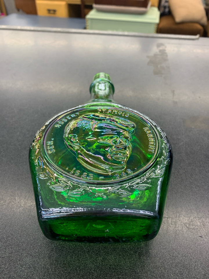 VTG GREEN IRIDESCENT GLASS EMPTY BOTTLE-ROBERT KENNEDY.