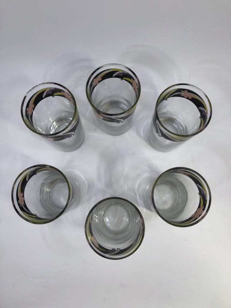 6 VTG CHINA PEARL GLASSES PINK/BLACK FLORAL.