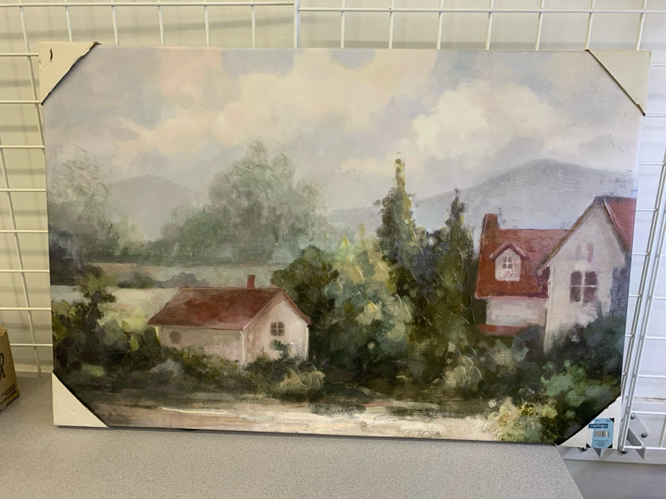WHITE HOUSE/GARAGE W/ RED ROOF W/ TREES CANVAS.