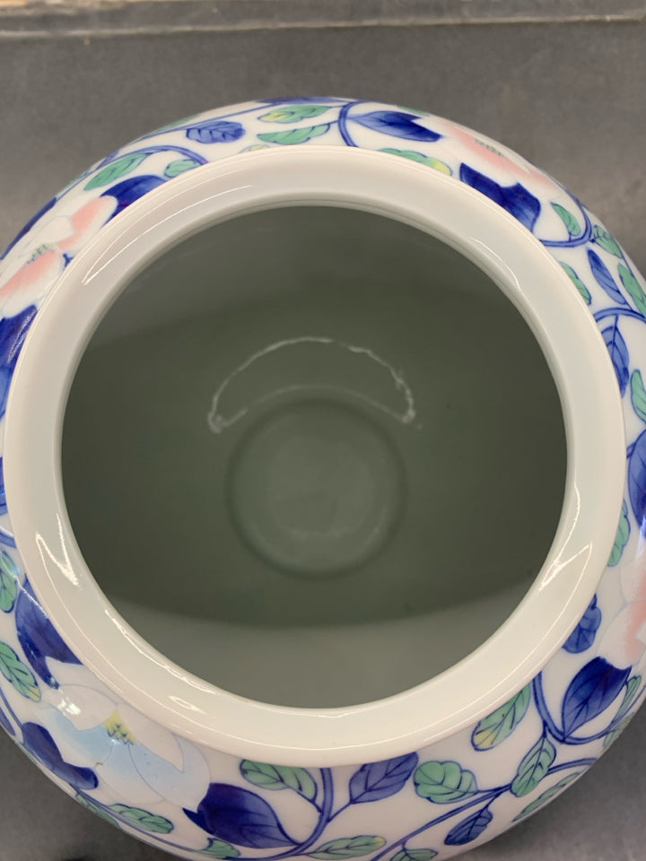 ROUND BLUE FLORAL CERAMIC VASE.