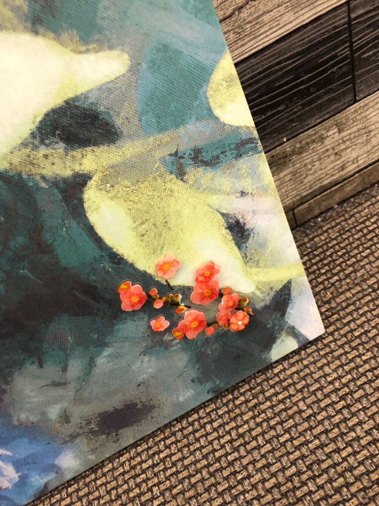 FLORAL CANVAS W/BLUE FLOWERS AND RED ACCENTS.