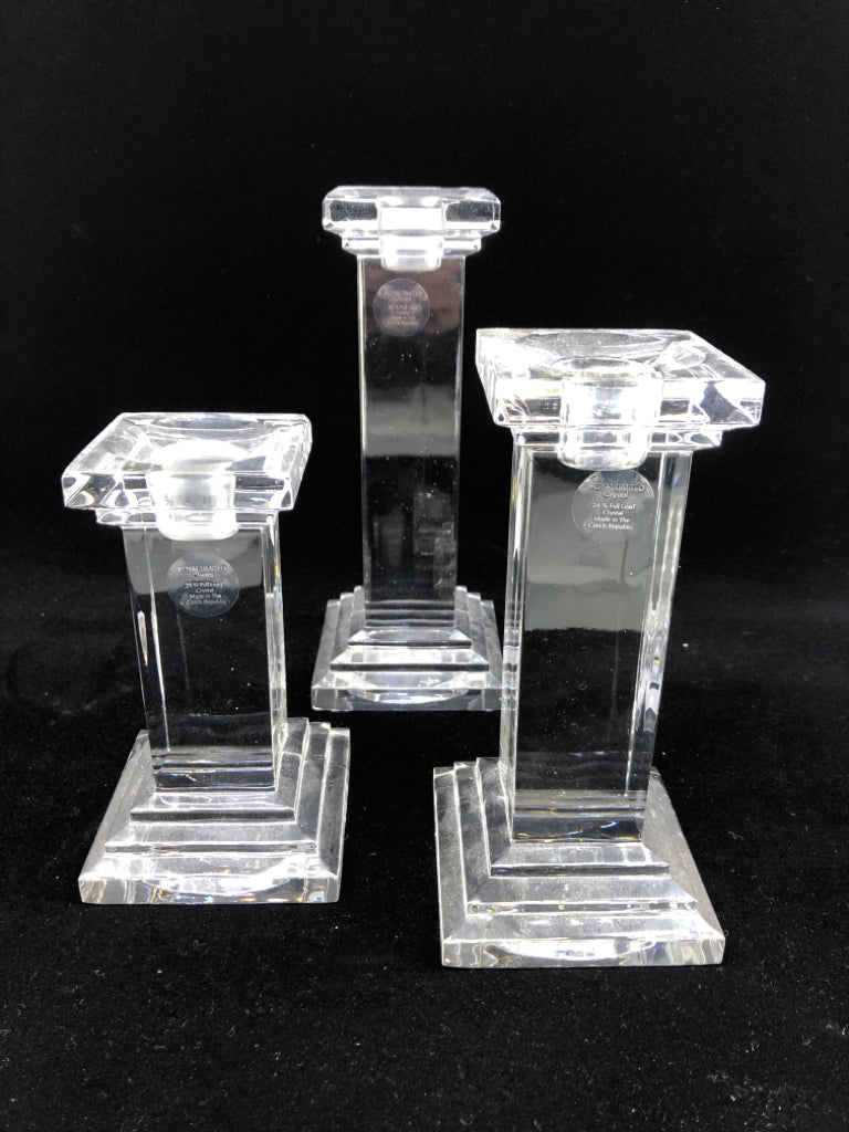 3PC VARIED HEIGHT CRYSTAL CANDLE HOLDERS.