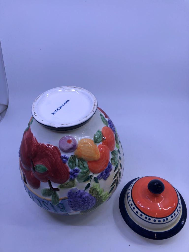 BISCOTTI CREAM/NAVY FRUIT EMBOSSED COOKIE JAR.