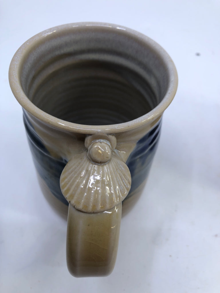 2 YELLOW + BLUE POTTERY GLAZE MUGS.