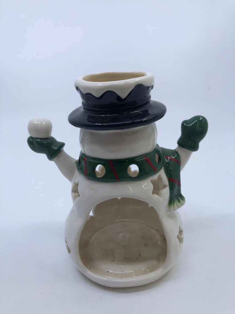 SNOWMAN TEA LIGHT HOLDER W GREEN SCARF AND SNOWBALL.