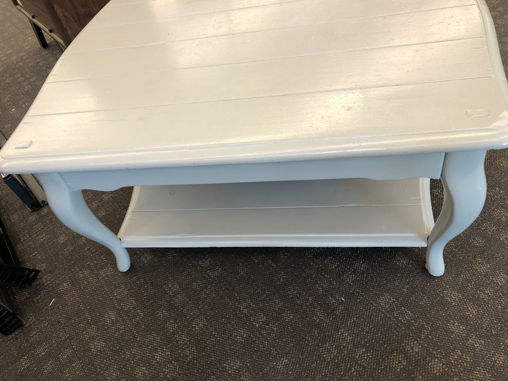 LIGHT BLUE PAINTED 2 TIER COFFEE TABLE W/ DRAWER.