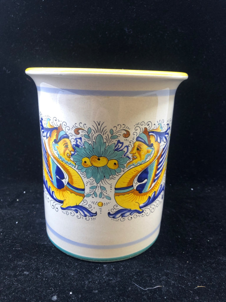 BLUE AND YELLOW PATTERN UTENSIL CROCK.