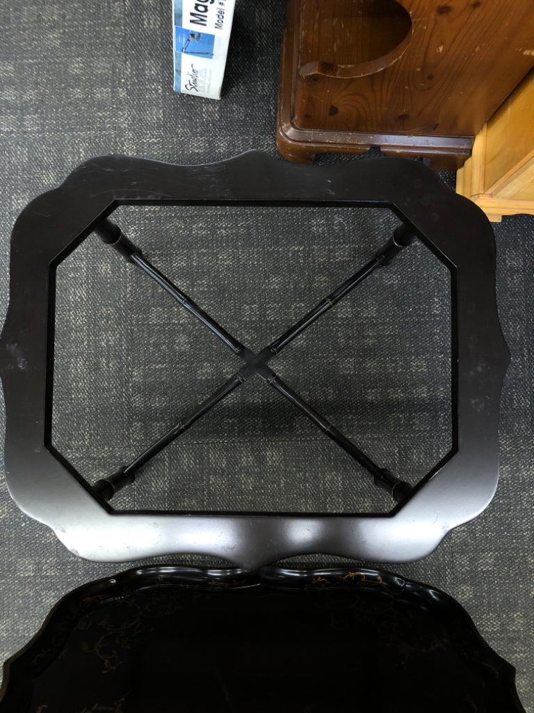 DARK BROWN TRAY TABLE W/ GOLD DETAILS.