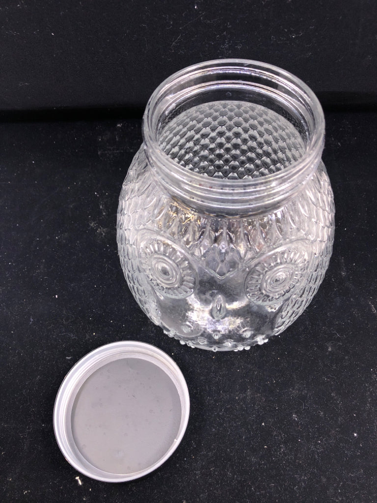 CLEAR GLASS OWL CANISTER W BLACK LID.