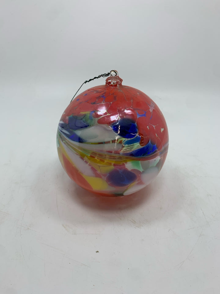 RED BLOWN GLASS HANGING ORB MADE IN POLAND.