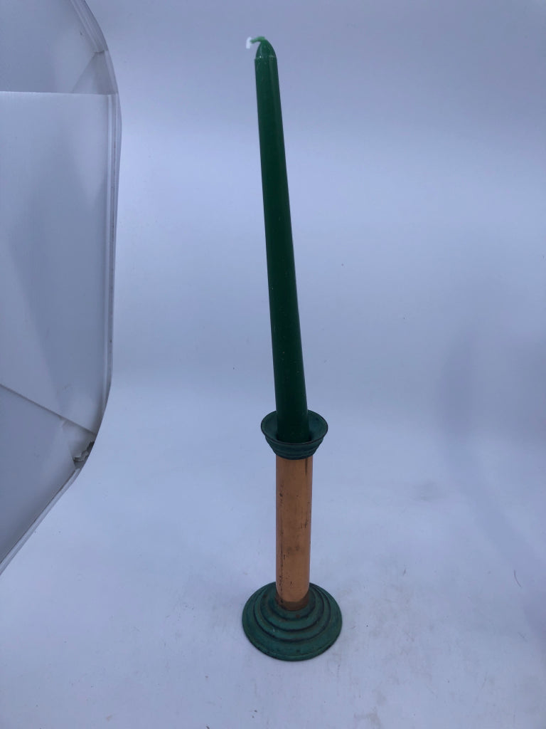 3 COPPER CANDLE HOLDERS W CANDLES.