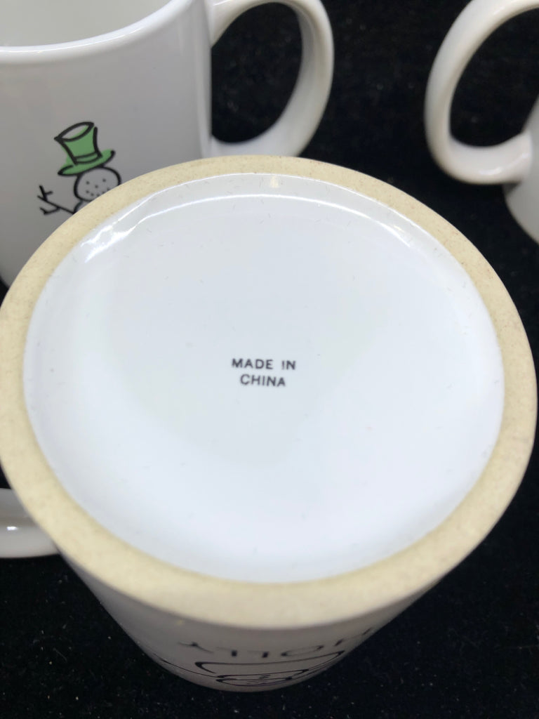 4 WHITE SNOWMAN MUGS.