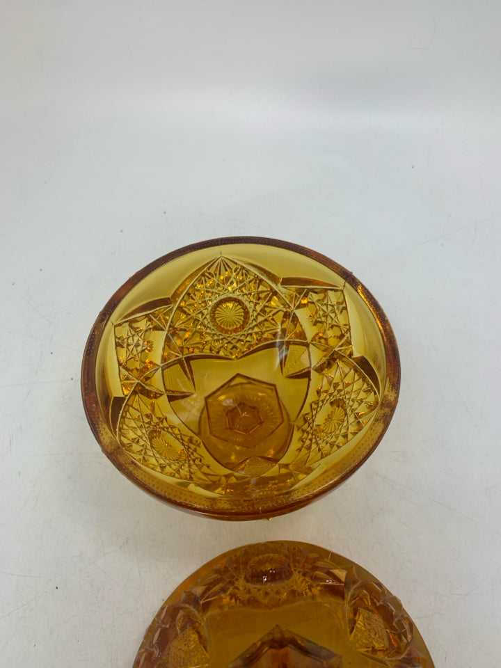 VTG PRESSED GLASS FOOTED COVERED CANDY DISH.
