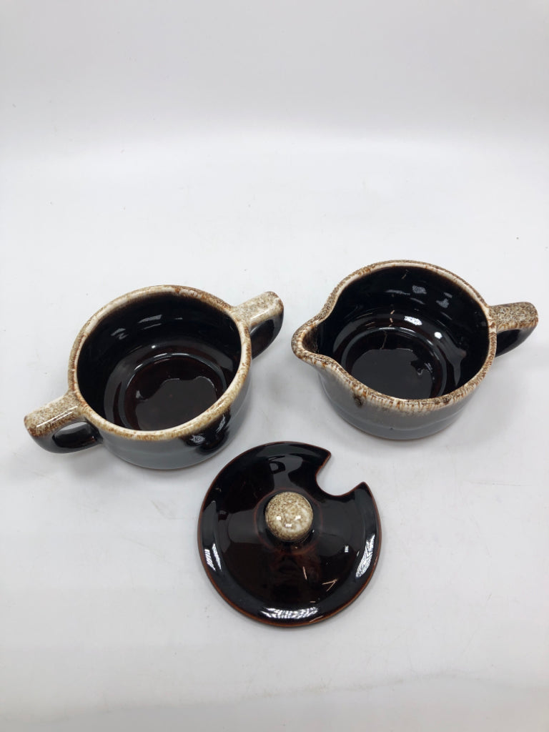VTG BROWN DRIP GLAZE SUGAR/CREAMER SET.