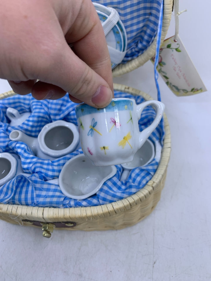 MINI DRAGONFLY TEA SET IN BLONDE BASKET CASE.