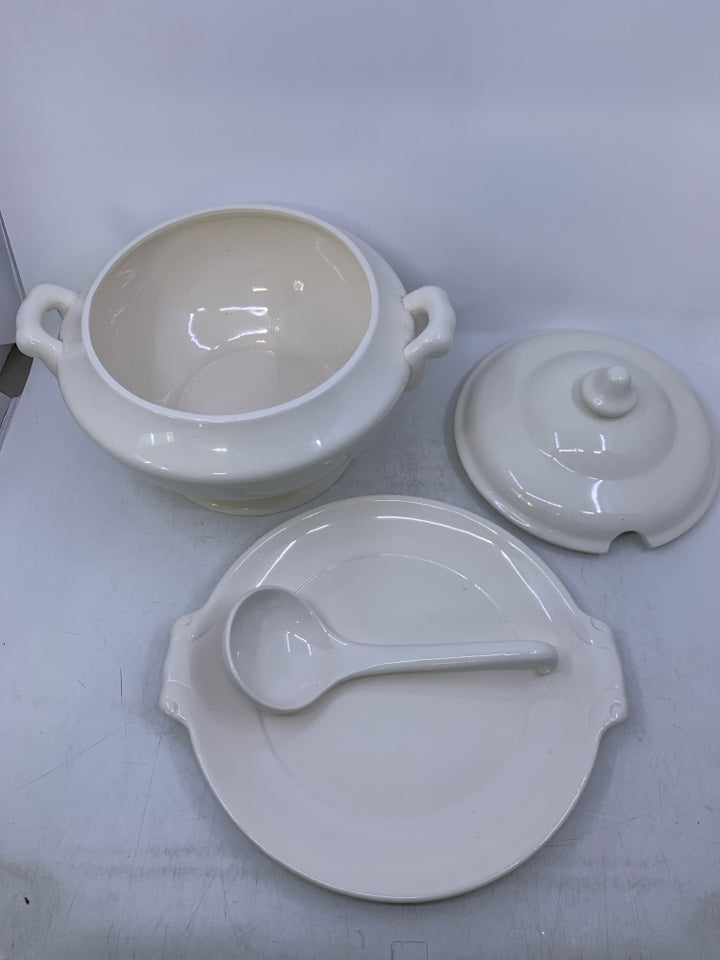 CREAM 3 PC CERAMIC SOUP TUREEN DRIP PLATE + SPOON.