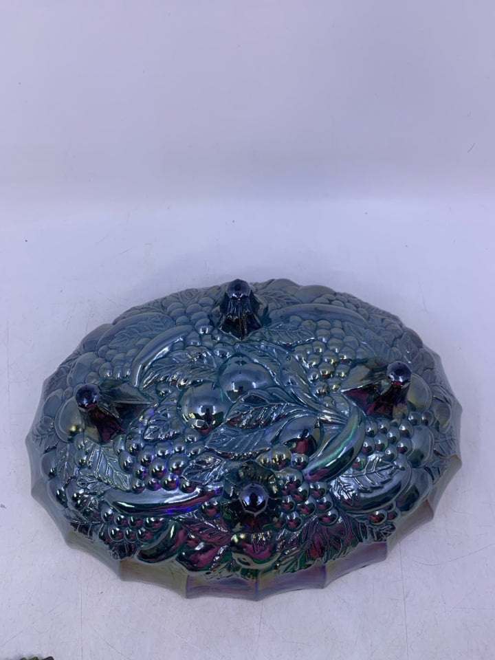 VTG FOOTED IRIDESCENT CARNIVAL GLASS OVAL CENTERPIECE BOWL W/ EMBOSSED GRAPES.