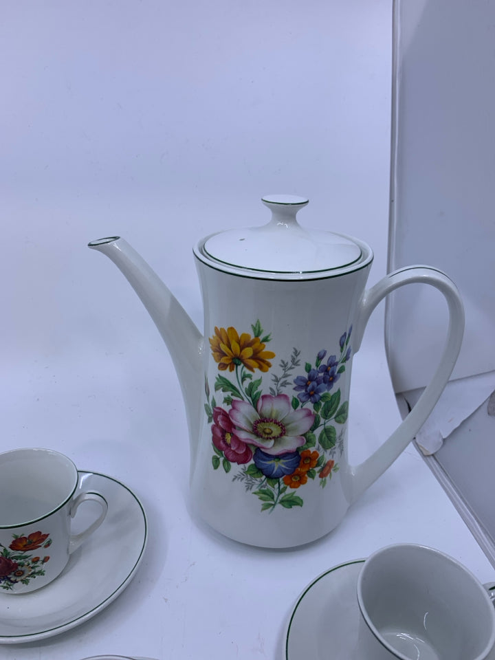 15 PC VTG PONTESA WHITE W/ GREEN RIM ASSORTED FLORAL TEA SET.