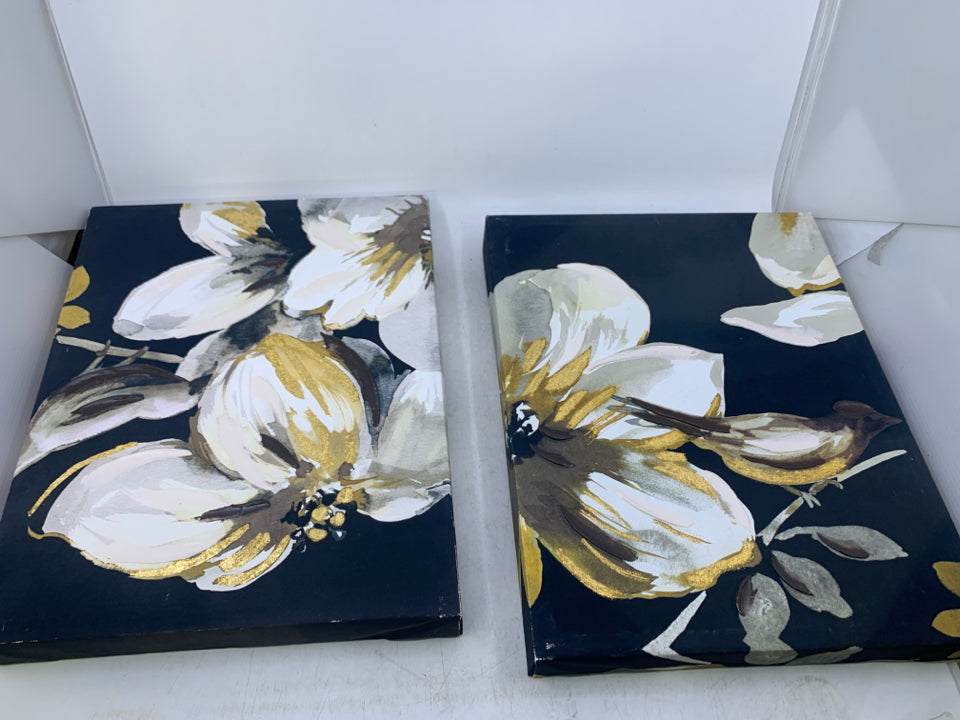 2 PC WHITE FLORAL CANVAS W/ TEXTURE GOLD DETAILS W/ BIRD.