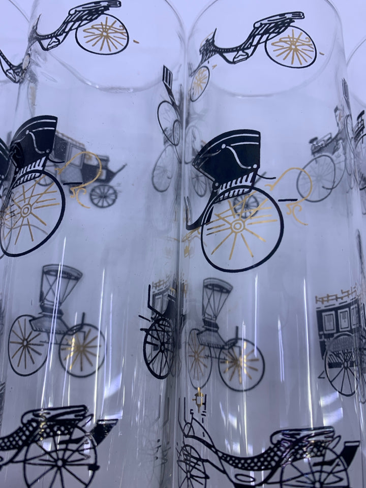 4 VTG HIGHBALL CARRIAGE PRINT GLASSES.