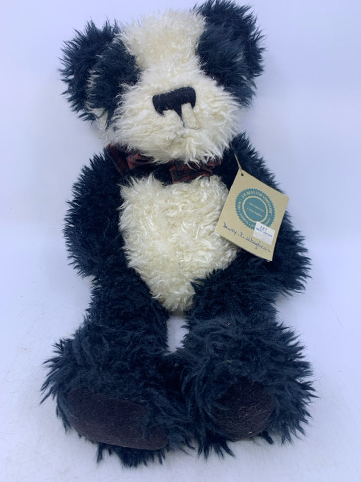 SHAG PANDA BEAR W/ PLAID BOW.
