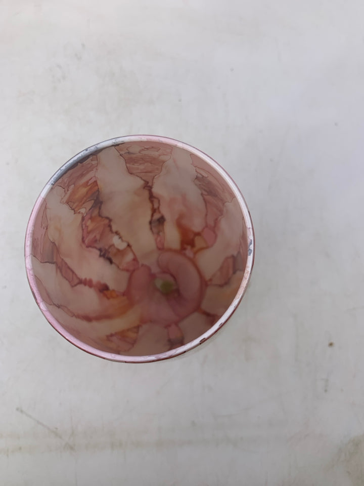 GLASS VASE W/ PRINTED PINKS LINES.