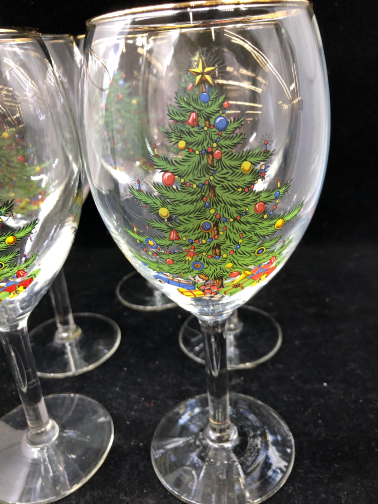 5 TALL WINE GOBLETS CHRISTMAS TREE/GOLD TRIM.