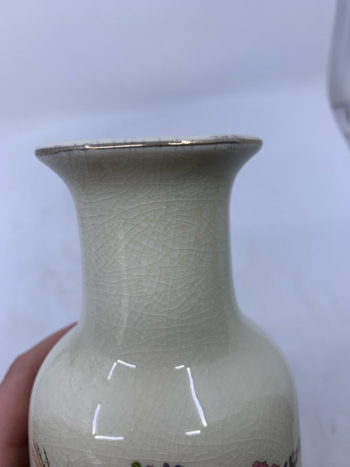 IVORY CRACKLE VASE W/ COLORFUL BOUQUET.