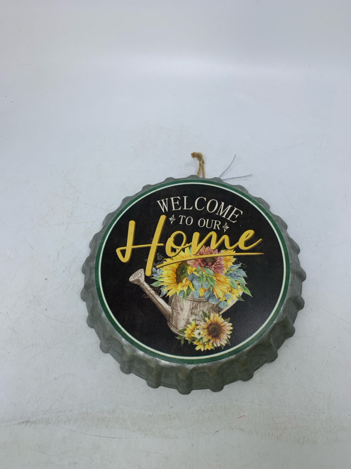 WELCOME TO OUR HOME WATERING CAN W/ FLOWERS GALVANIZED WALL HANGING.