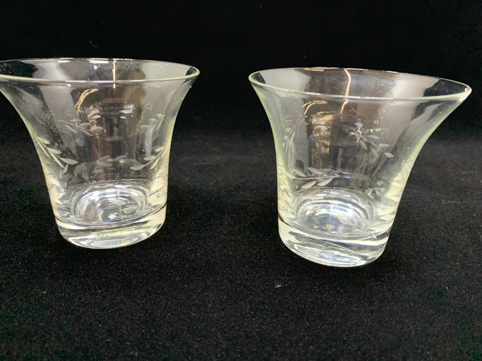 2 GLASS ETCHED CANDLE HOLDERS.