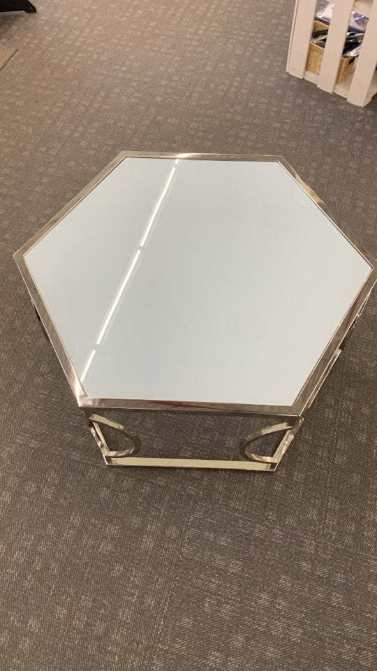 HEXAGON CHROME COFFEE TABLE W/FROSTED GLASS TOP.