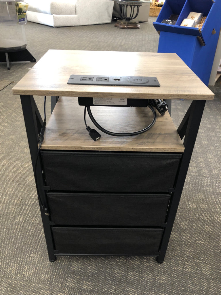 PALE WOOD SIDE TABLE W/3 DRAWERS, PLUG, AND LED LIGHT W/REMOTE.