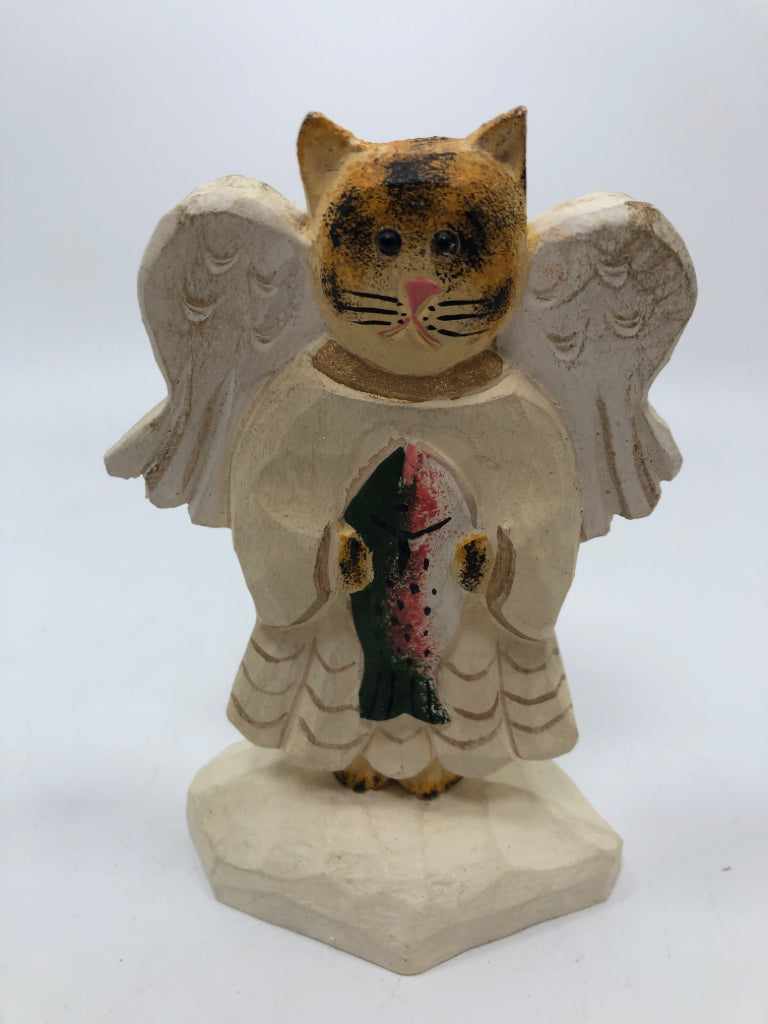 ORANGE WOOD CARVED CAT W/ FISH.