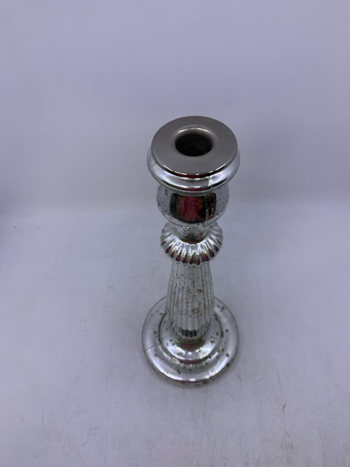 SILVER MERCURY GLASS TAPERED CANDLE HOLDER.