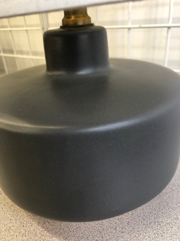 SMALL GRAY CERAMIC LAMP W/WOOD BASE + WHITE SHADE.