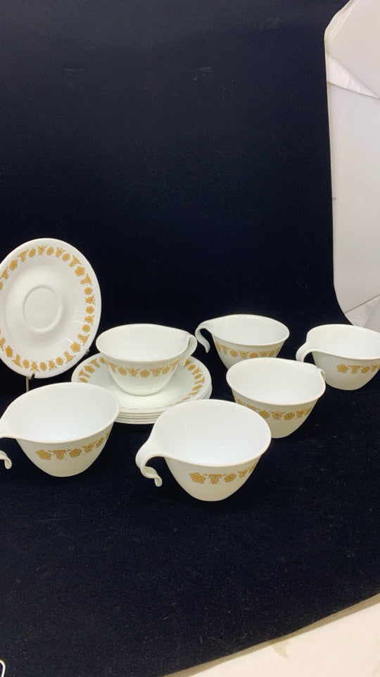12 PC SVC 6 CORELLE BUTTERFLY GOLD HOOK HANDLE TEACUPS /SAUCERS.