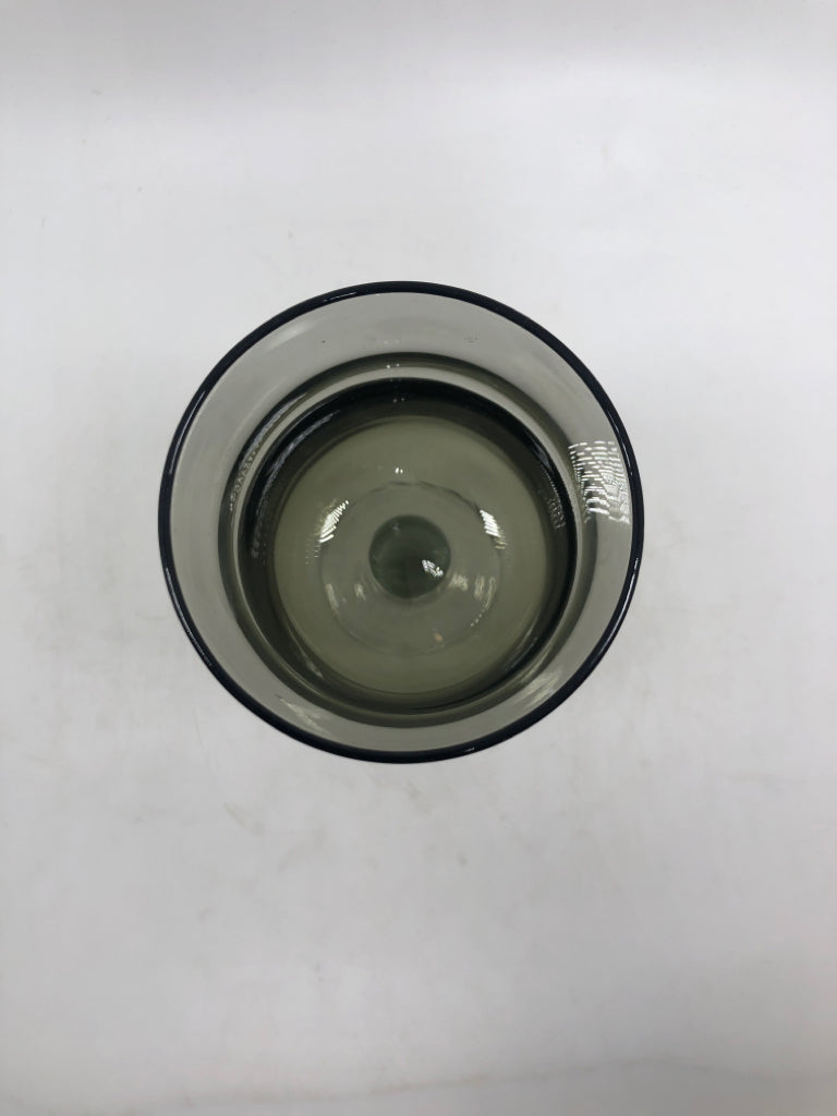 SMOKY GRAY DOUBLE DIP BLOWN GLASS PILLAR CANDLE HOLDER.