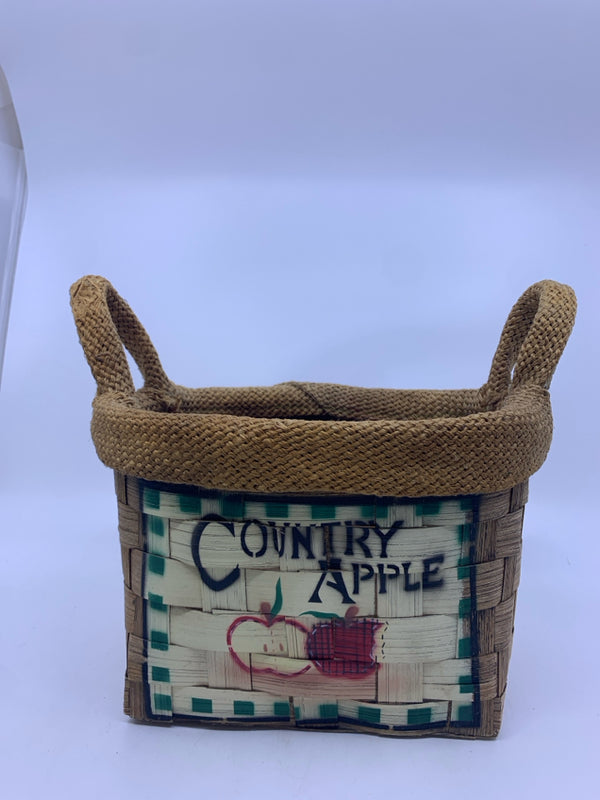 COUNTRY APPLE WOVEN BASKET WITH BURLAP HANDLES.